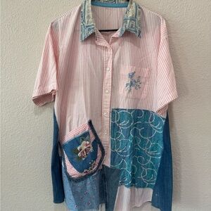 Women's Patchwork Button Down Shirt - Pink and Blue- 90’s